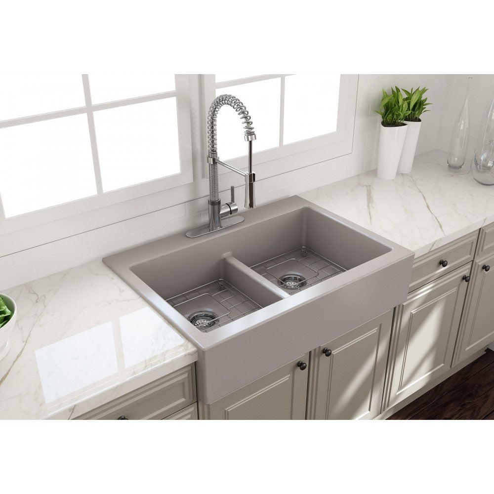 Front Drop-In Fireclay 34 in. 50/50 Double Bowl Kitchen Sink with Protective Bottom Grids and Strainers in Matte Gray
