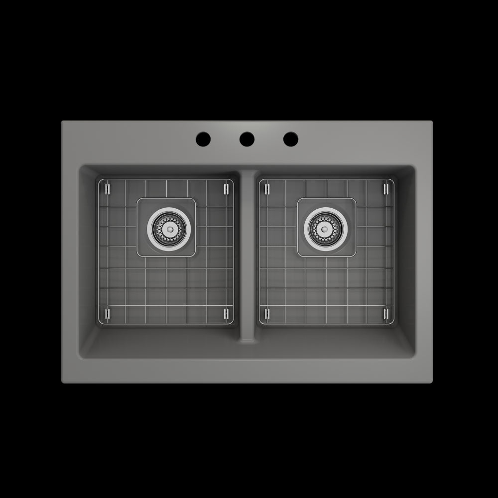 Front Drop-In Fireclay 34 in. 50/50 Double Bowl Kitchen Sink with Protective Bottom Grids and Strainers in Matte Gray