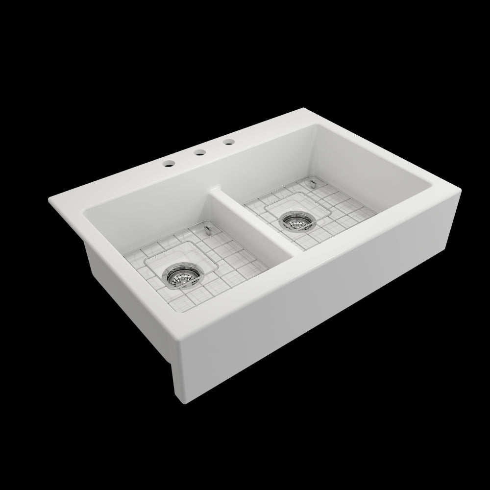 Front Drop-In Fireclay 34 in. 50/50 Double Bowl Kitchen Sink with Protective Bottom Grids and Strainers in Matte White