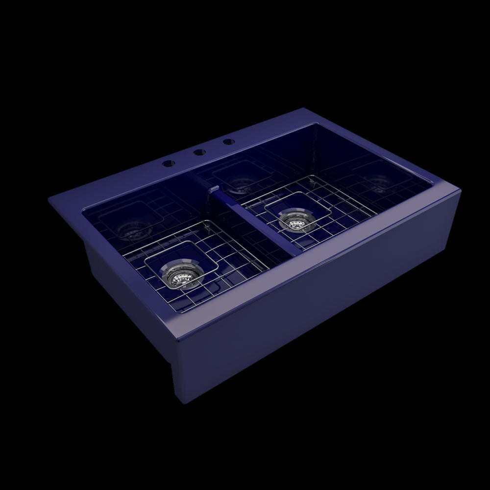 Front Drop-In Fireclay 34 in. 50/50 Double Bowl Kitchen Sink with Protective Bottom Grids and Strainers in Sapphire Blue