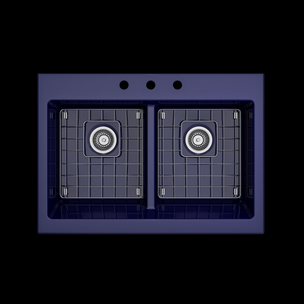 Front Drop-In Fireclay 34 in. 50/50 Double Bowl Kitchen Sink with Protective Bottom Grids and Strainers in Sapphire Blue