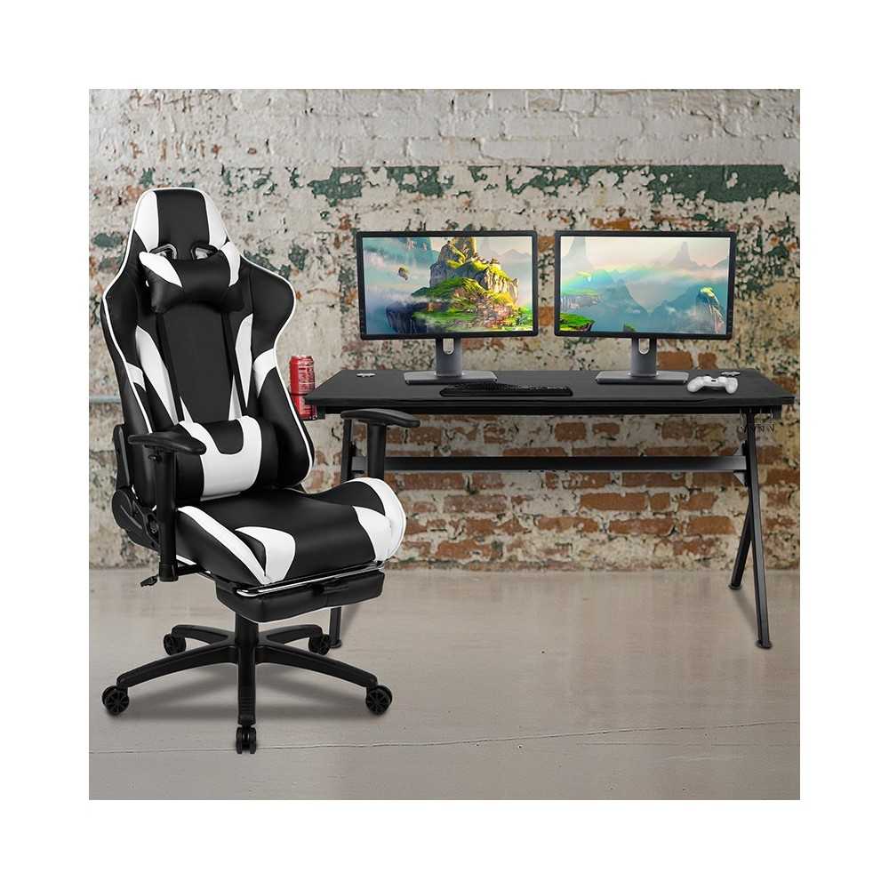Gaming Desk and Black Footrest Reclining Gaming Chair Set - Cup Holder/Headphone Hook/Removable Mouse Pad Top/Wire Management