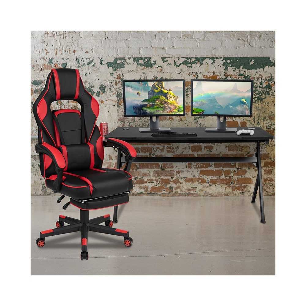 Gaming Desk with Cup Holder/Headphone Hook/Removable Mousepad Top & Red Reclining Back/Arms Gaming Chair with Footrest