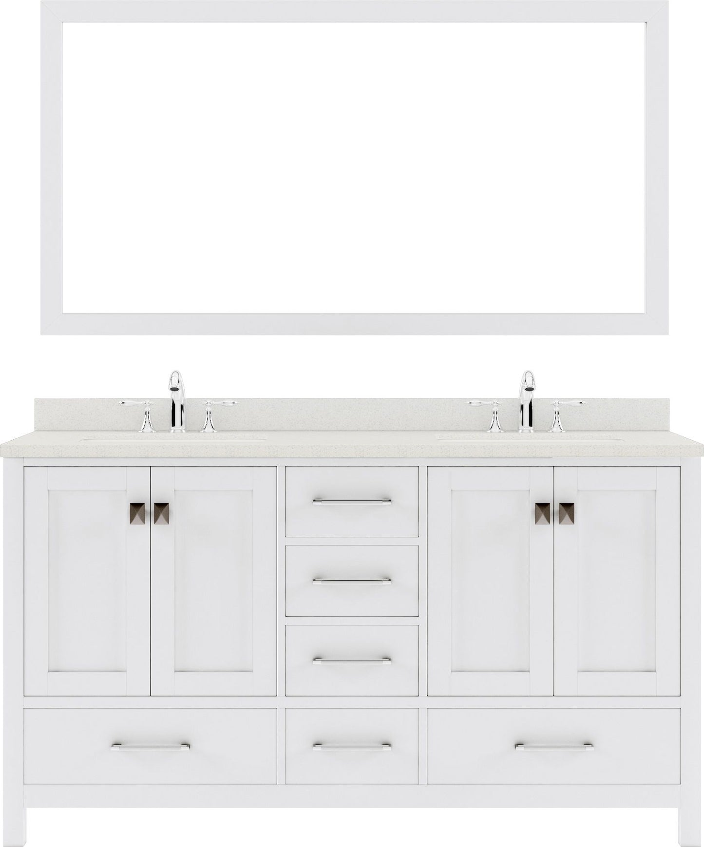 Caroline Avenue 60" Double Bath Vanity in White with Dazzle White Quartz Top and Round Sink with Brushed Nickel Faucet and Mirror