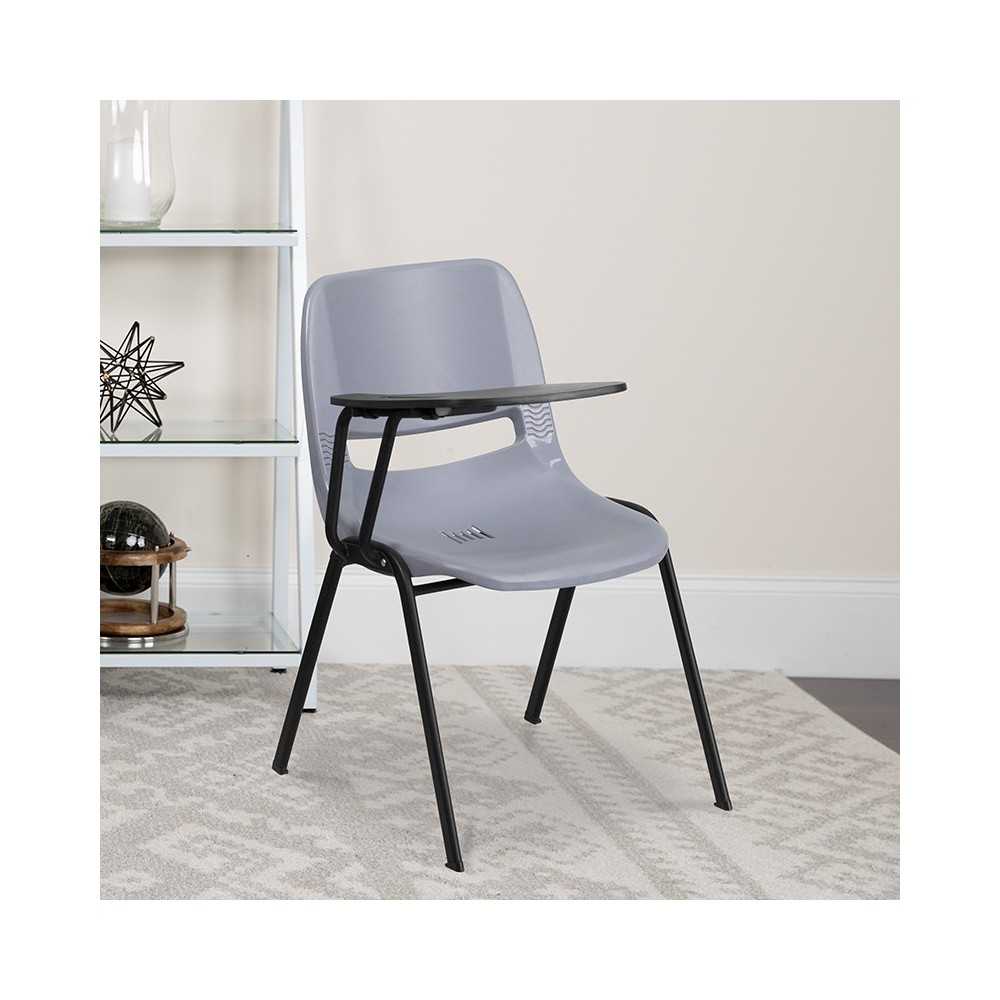 Gray Ergonomic Shell Chair with Right Handed Flip-Up Tablet Arm