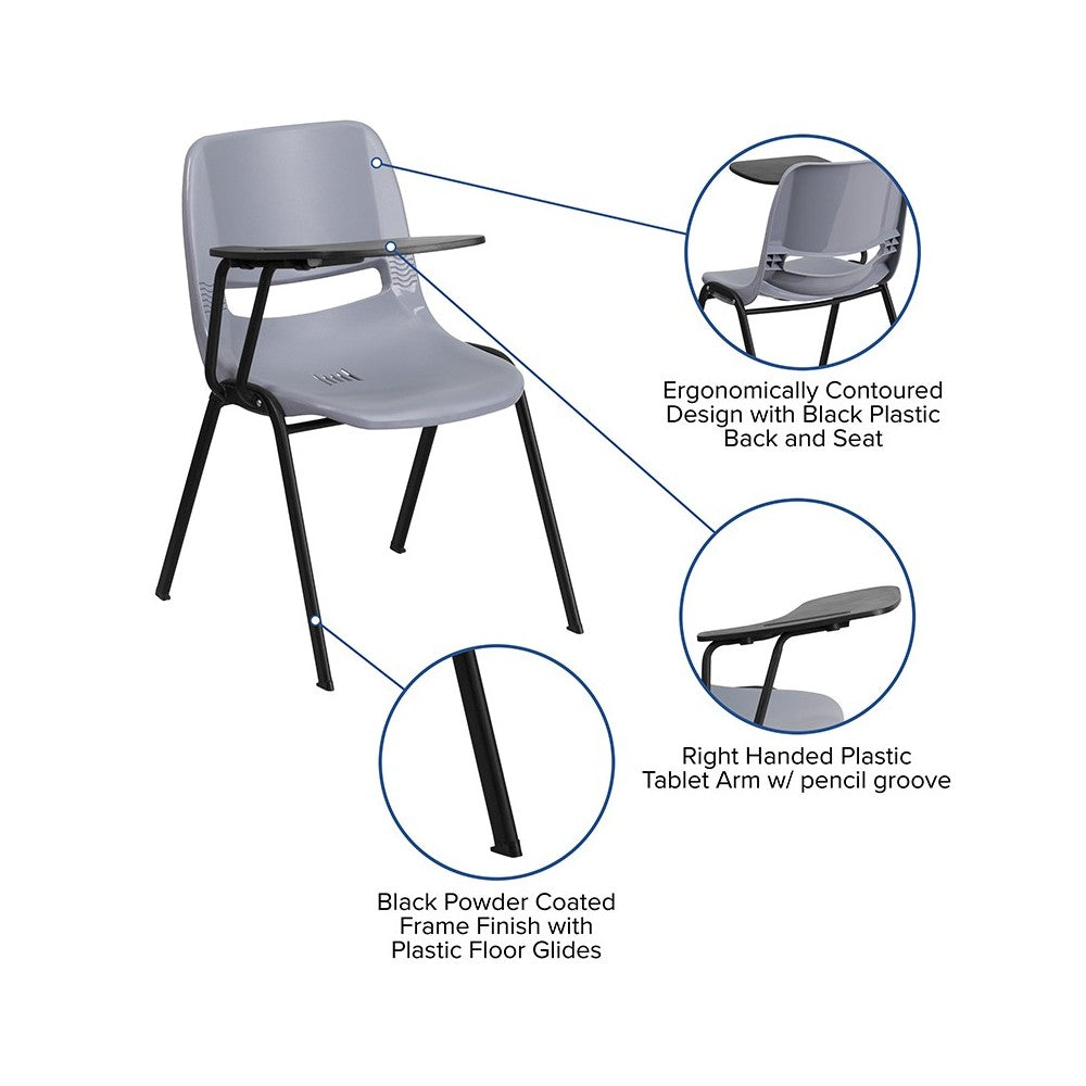 Gray Ergonomic Shell Chair with Right Handed Flip-Up Tablet Arm
