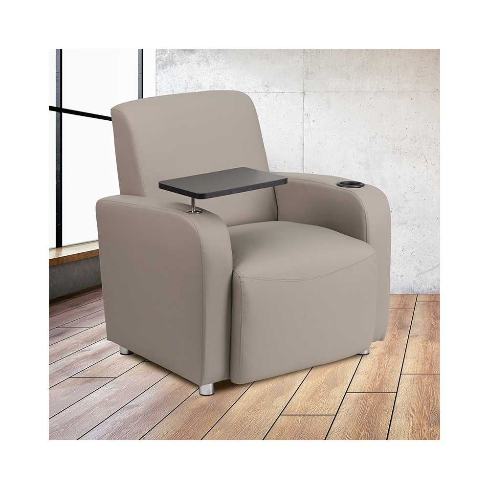 Gray LeatherSoft Guest Chair with Tablet Arm, Chrome Legs and Cup Holder