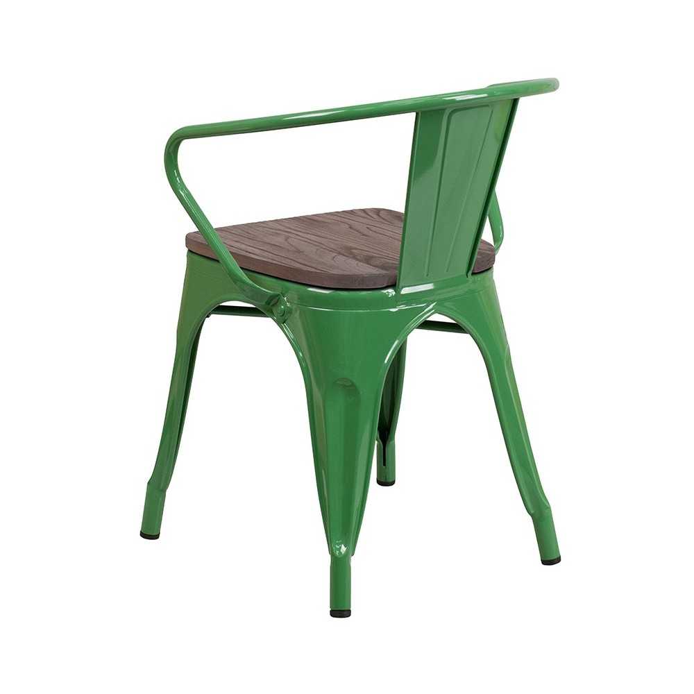 Green Metal Chair with Wood Seat and Arms
