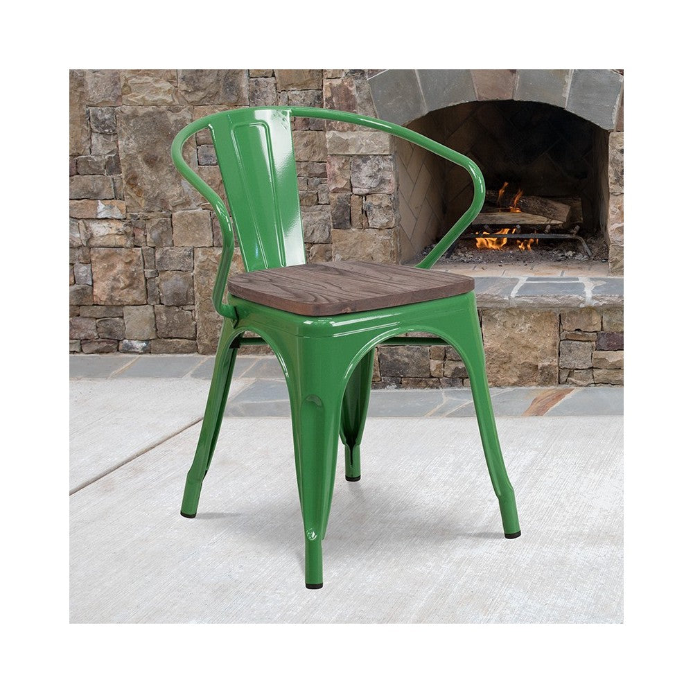 Green Metal Chair with Wood Seat and Arms
