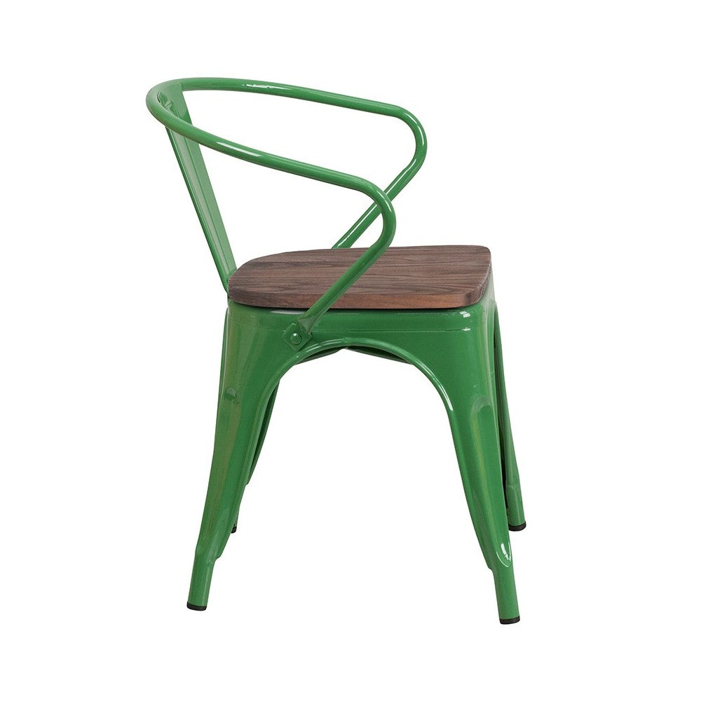 Green Metal Chair with Wood Seat and Arms