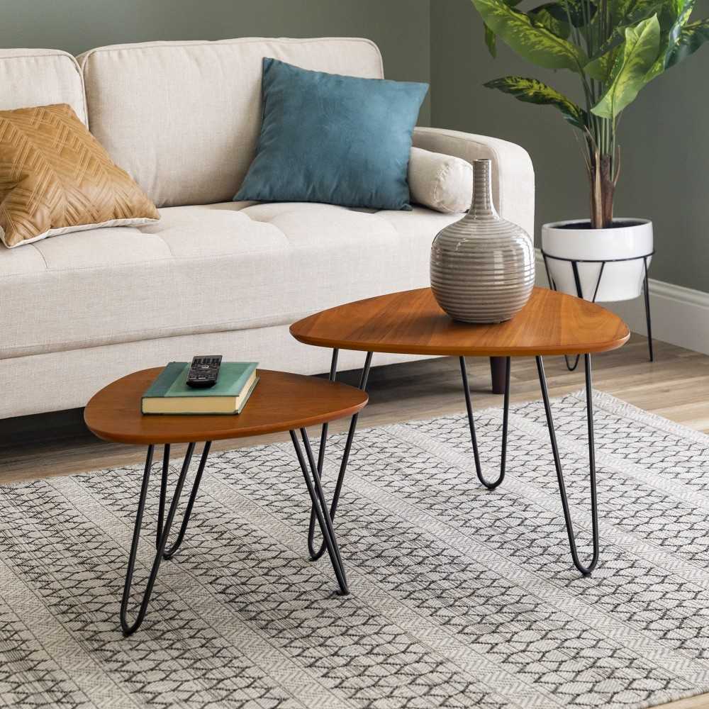 Guitar Pick Hairpin Leg Mid Century Modern Nesting Coffee Table Set - Walnut