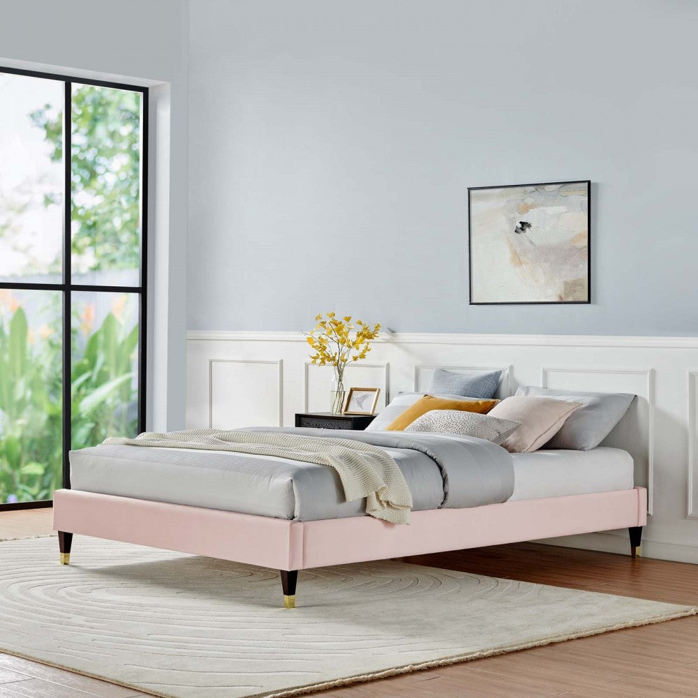 Harlow Queen Performance Velvet Platform Bed Frame, Pink