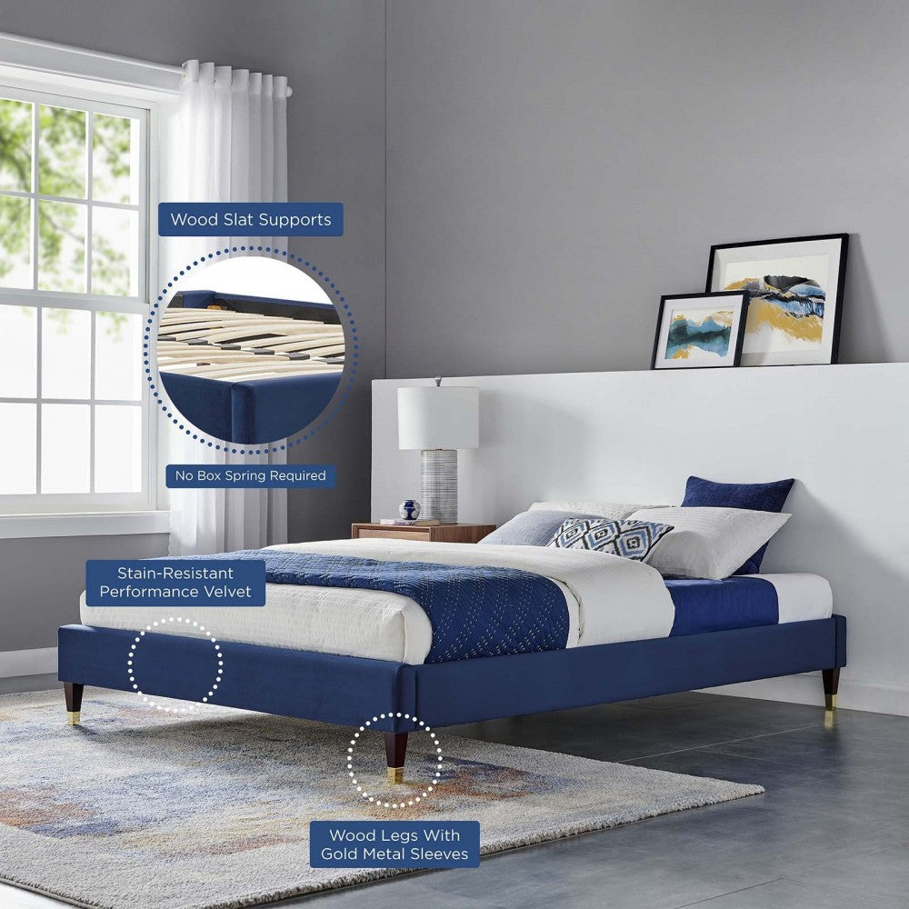 Harlow Twin Performance Velvet Platform Bed Frame, Navy