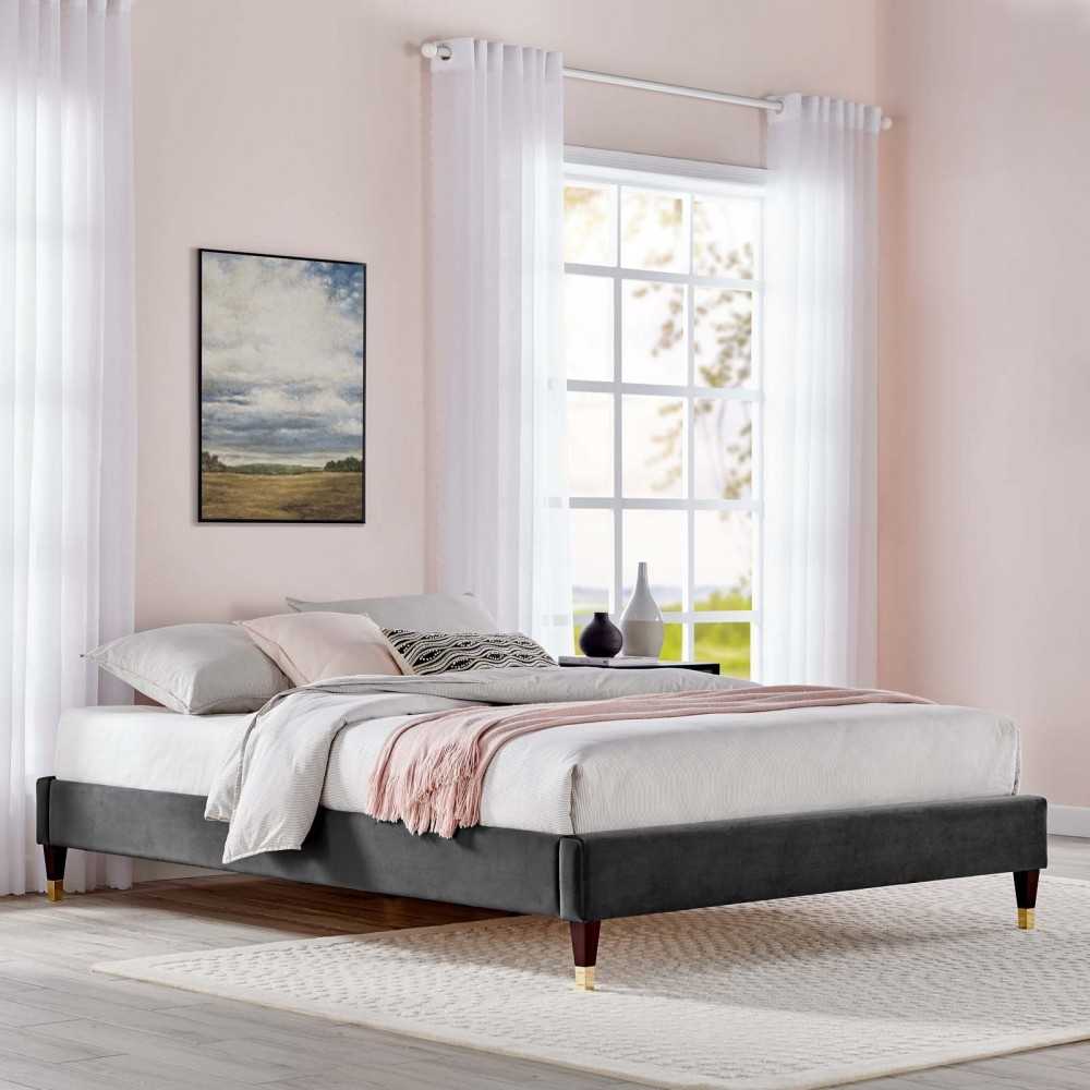 Harlow Twin Performance Velvet Platform Bed Frame, Charcoal