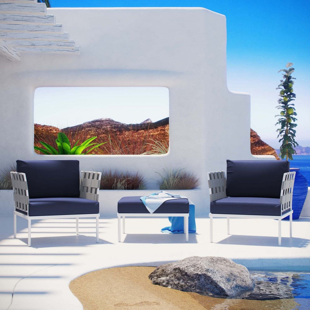 Harmony 3 Piece Outdoor Patio Aluminum Sectional Sofa Set, White Navy