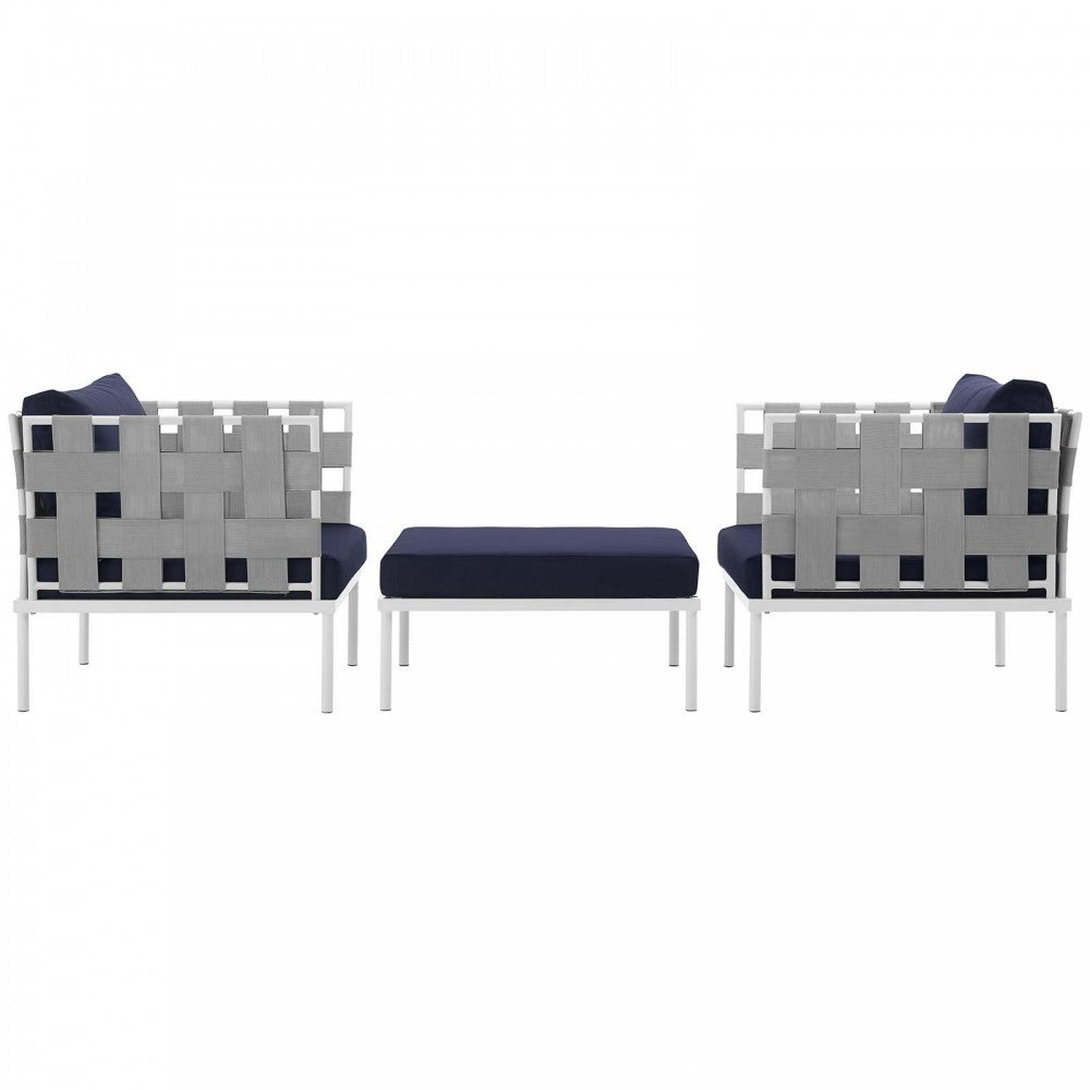 Harmony 3 Piece Outdoor Patio Aluminum Sectional Sofa Set, White Navy