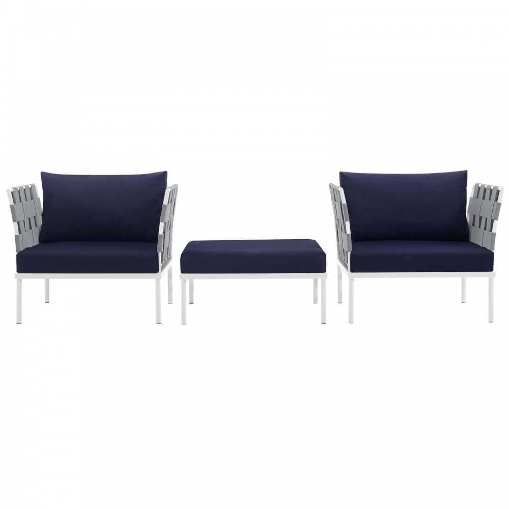 Harmony 3 Piece Outdoor Patio Aluminum Sectional Sofa Set, White Navy