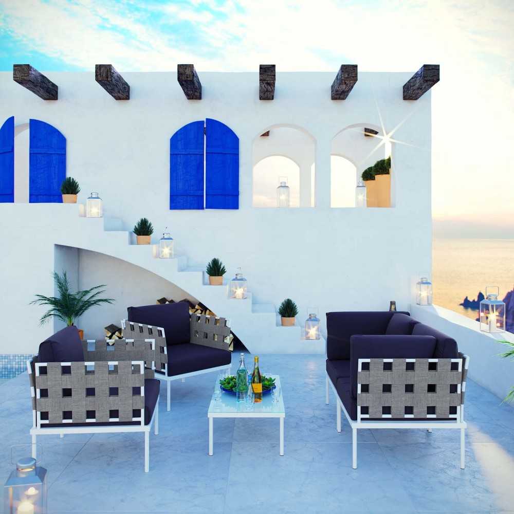 Harmony 5 Piece Outdoor Patio Aluminum Sectional Sofa Set, White Navy