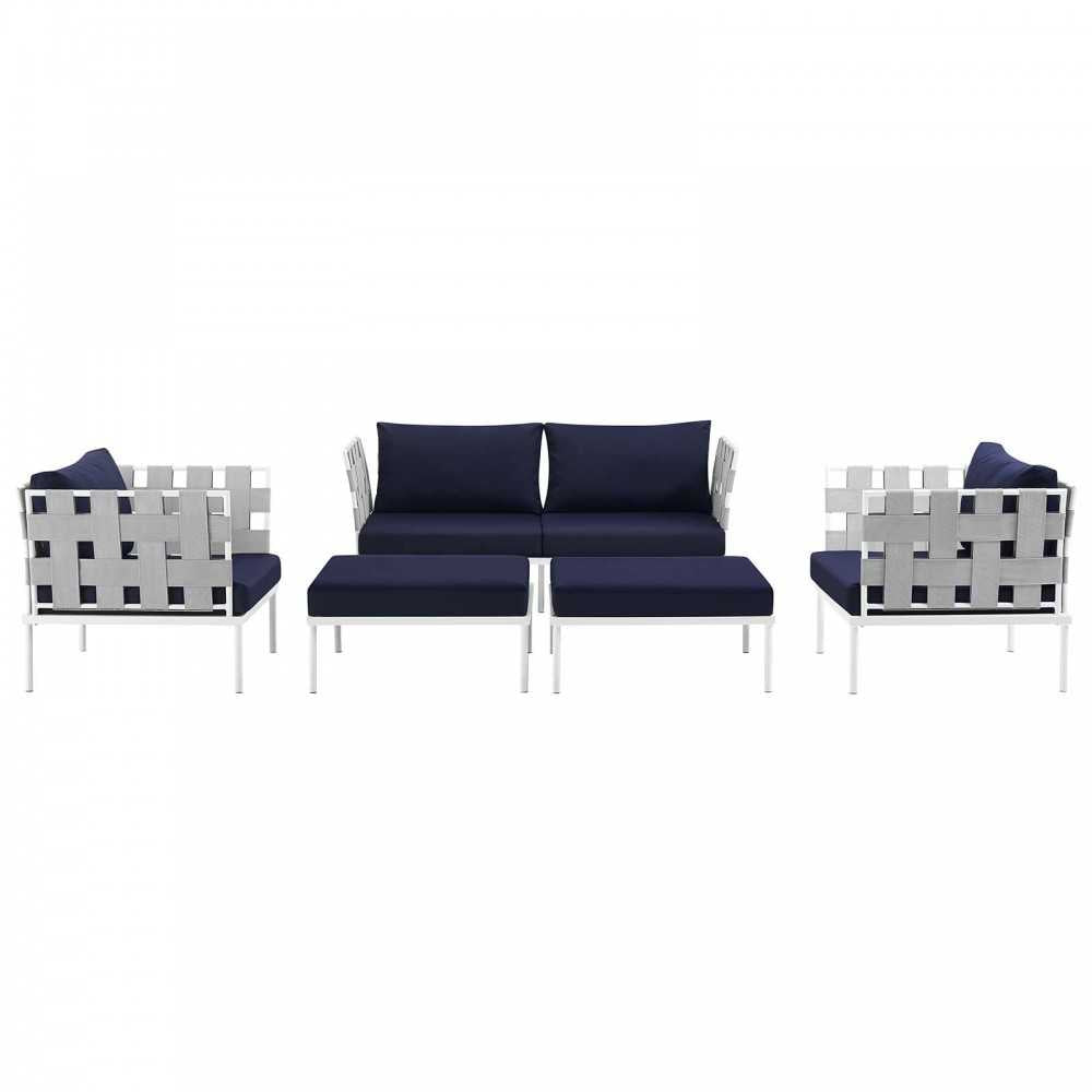 Harmony 5 Piece Outdoor Patio Aluminum Sectional Sofa Set, White Navy, EEI-2621-WHI-NAV-SET