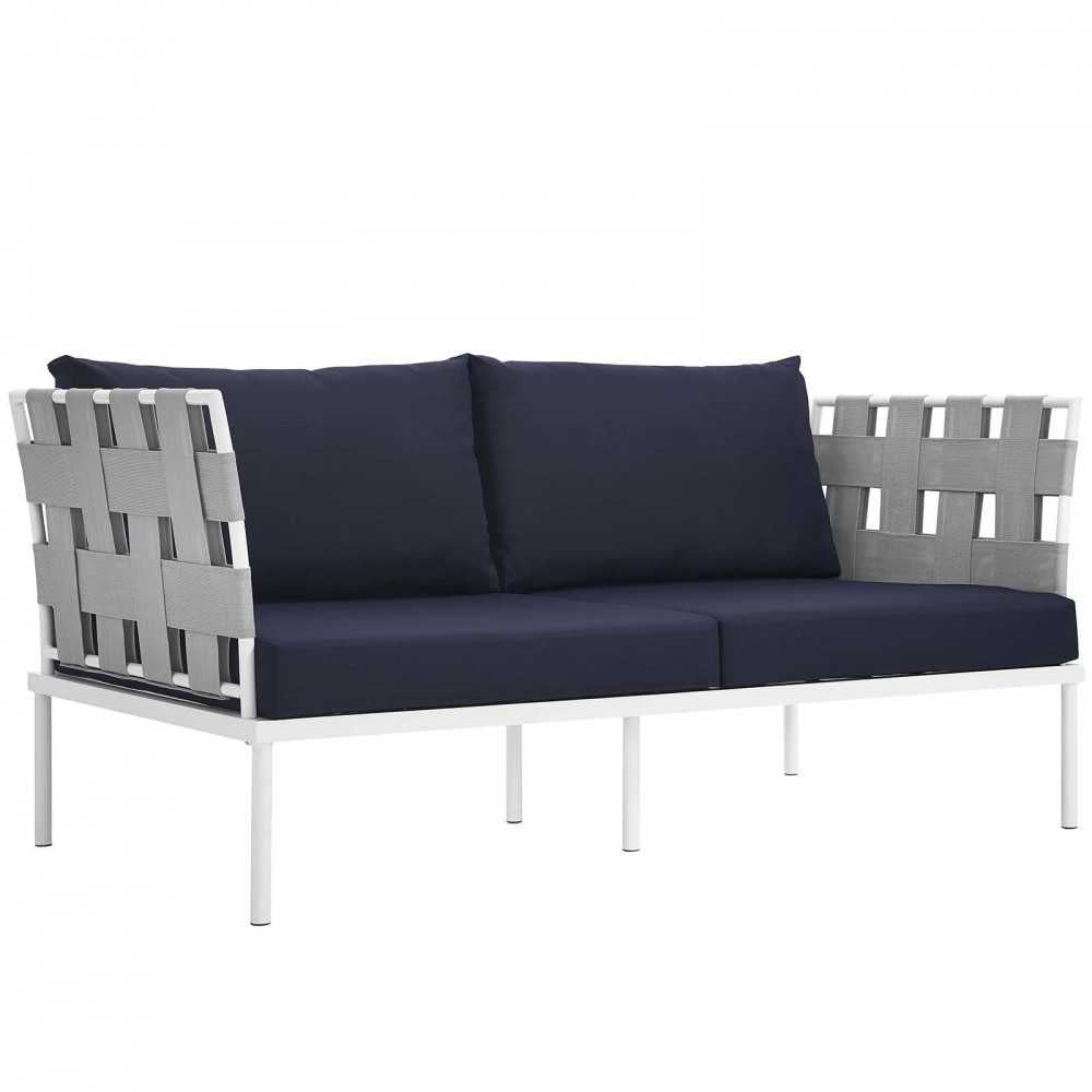 Harmony 5 Piece Outdoor Patio Aluminum Sectional Sofa Set, White Navy, EEI-2621-WHI-NAV-SET