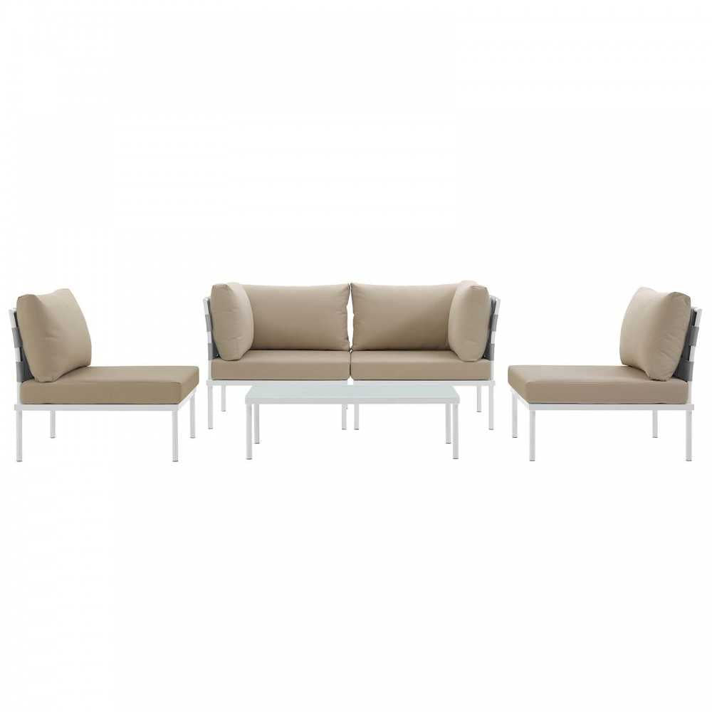 Harmony 5 Piece Outdoor Patio Aluminum Sectional Sofa Set, White Beige, EEI-2622-WHI-BEI-SET