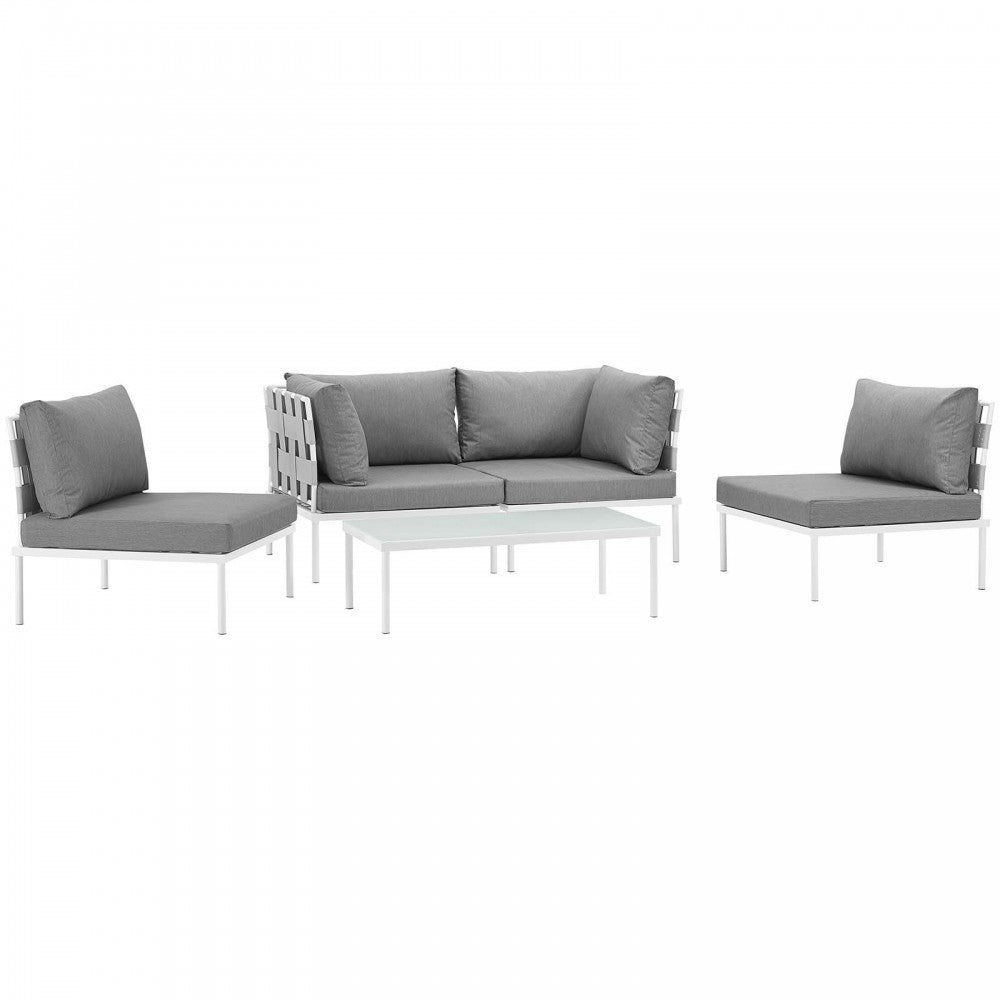 Harmony 5 Piece Outdoor Patio Aluminum Sectional Sofa Set, White Gray, EEI-2622-WHI-GRY-SET