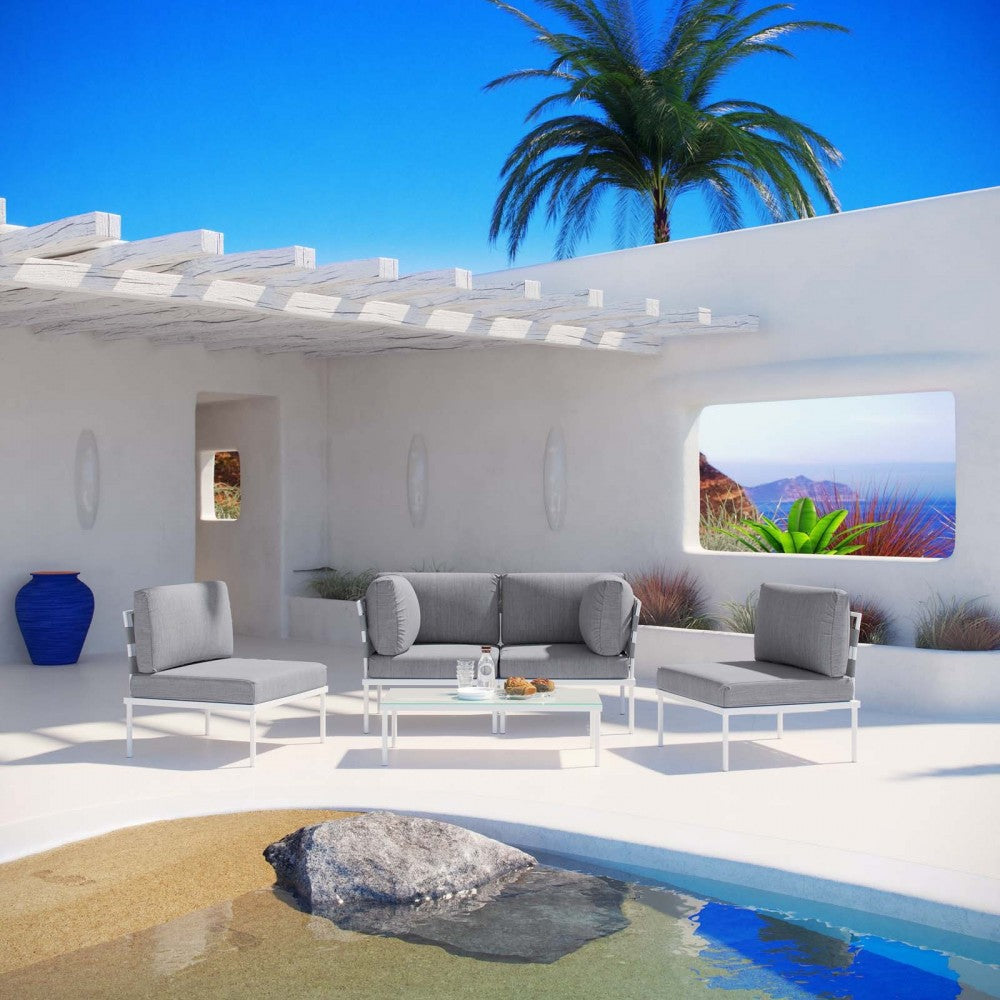 Harmony 5 Piece Outdoor Patio Aluminum Sectional Sofa Set, White Gray, EEI-2622-WHI-GRY-SET