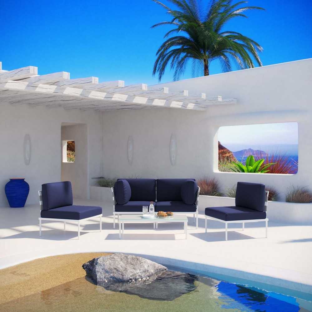 Harmony 5 Piece Outdoor Patio Aluminum Sectional Sofa Set, White Navy, EEI-2622-WHI-NAV-SET