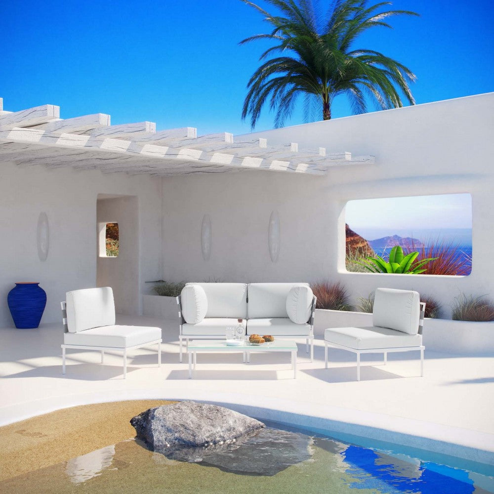 Harmony 5 Piece Outdoor Patio Aluminum Sectional Sofa Set, White White, EEI-2622-WHI-WHI-SET