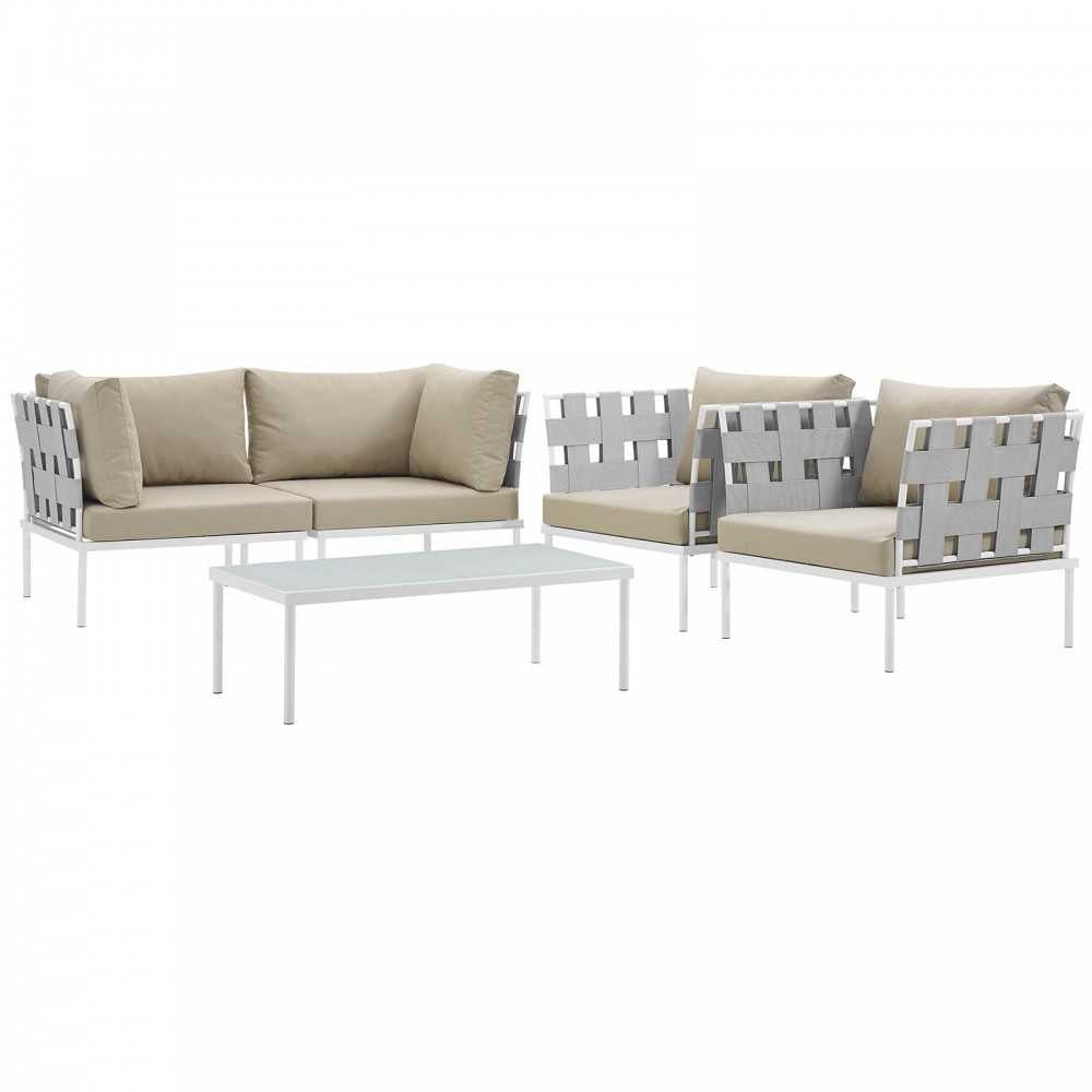 Harmony 5 Piece Outdoor Patio Aluminum Sectional Sofa Set, White Beige