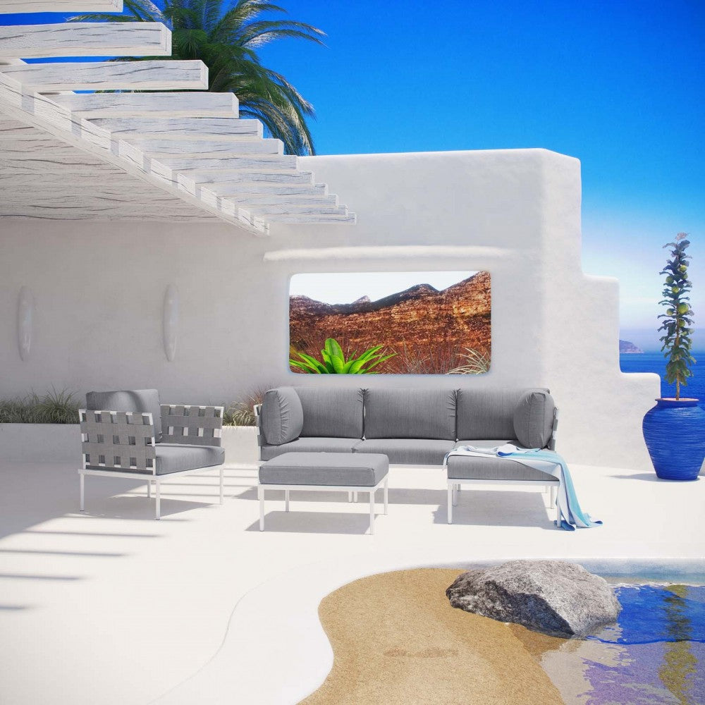 Harmony 6 Piece Outdoor Patio Aluminum Sectional Sofa Set, White Gray, EEI-2626-WHI-GRY-SET