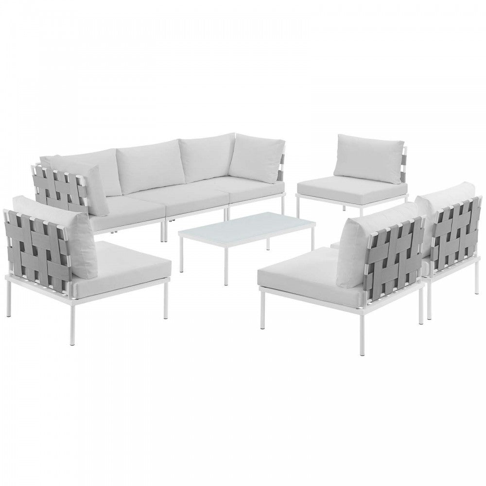 Harmony 8 Piece Outdoor Patio Aluminum Sectional Sofa Set, White White, EEI-2625-WHI-WHI-SET