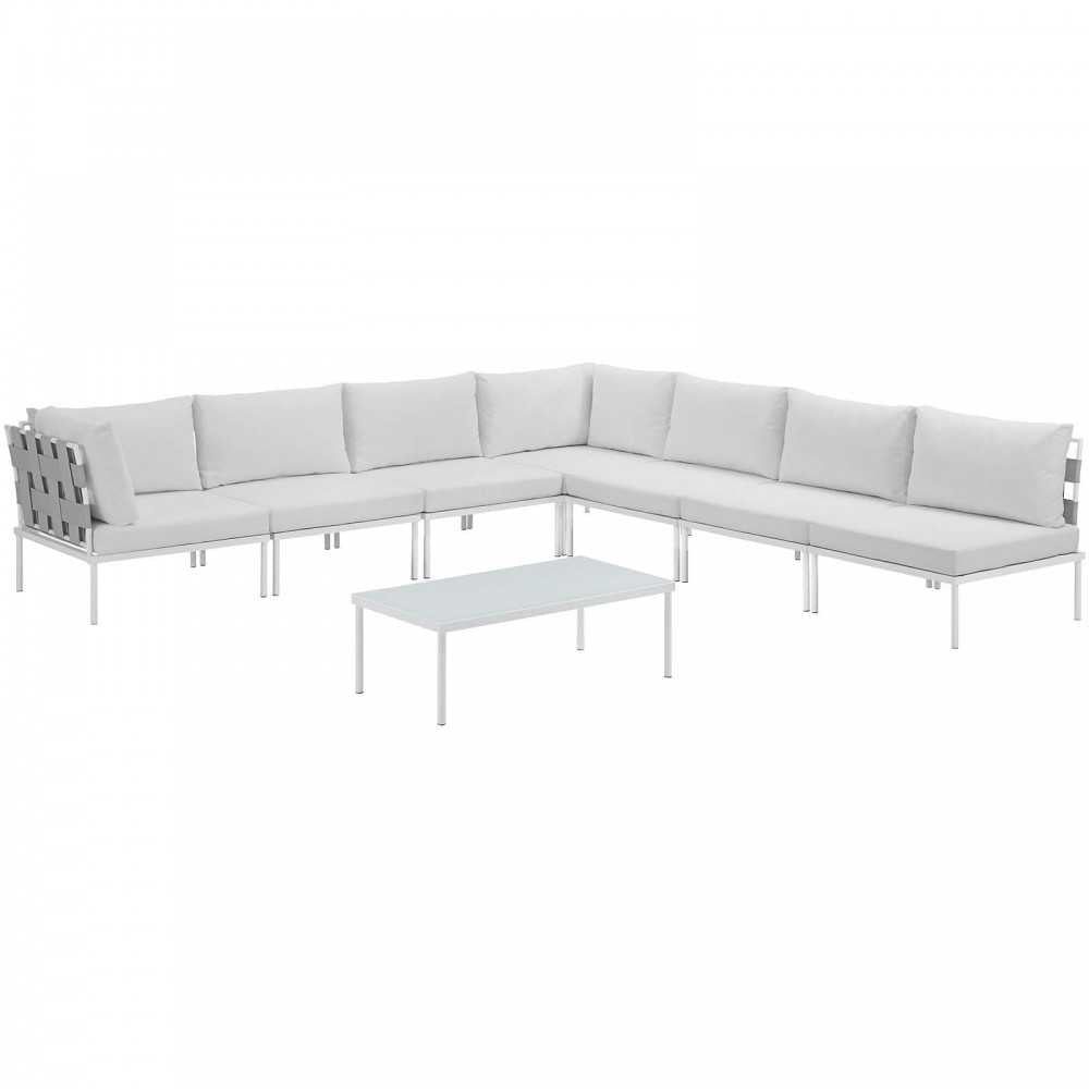 Harmony 8 Piece Outdoor Patio Aluminum Sectional Sofa Set, White White, EEI-2625-WHI-WHI-SET
