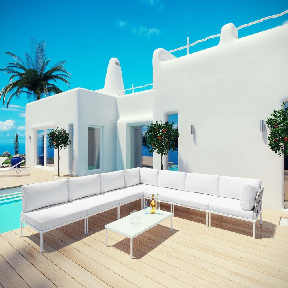 Harmony 8 Piece Outdoor Patio Aluminum Sectional Sofa Set, White White, EEI-2625-WHI-WHI-SET