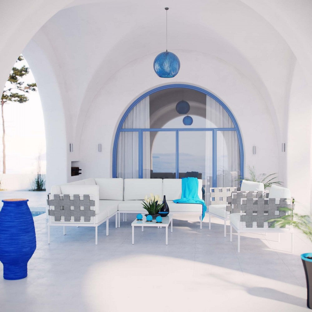 Harmony 8 Piece Outdoor Patio Aluminum Sectional Sofa Set, White White, EEI-2619-WHI-WHI-SET