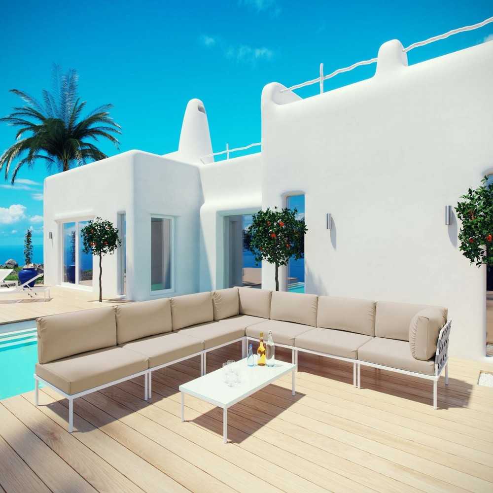Harmony 8 Piece Outdoor Patio Aluminum Sectional Sofa Set, White Beige, EEI-2625-WHI-BEI-SET