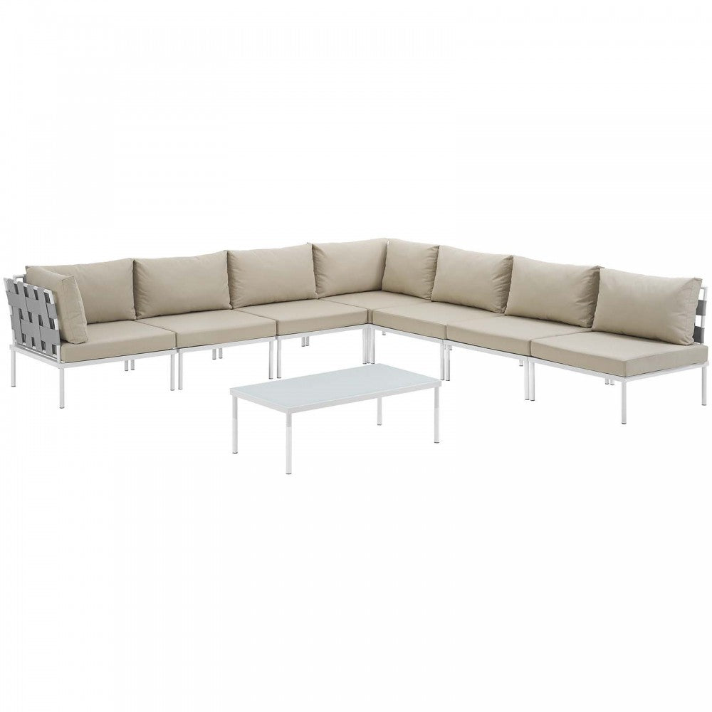 Harmony 8 Piece Outdoor Patio Aluminum Sectional Sofa Set, White Beige, EEI-2625-WHI-BEI-SET