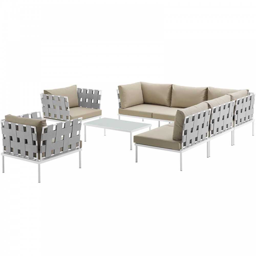Harmony 8 Piece Outdoor Patio Aluminum Sectional Sofa Set, White Beige, EEI-2619-WHI-BEI-SET