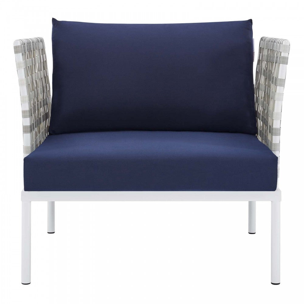 Harmony Sunbrella Basket Weave Outdoor Patio Aluminum Armchair, Taupe Navy