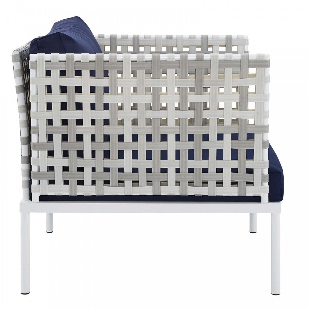 Harmony Sunbrella Basket Weave Outdoor Patio Aluminum Armchair, Taupe Navy