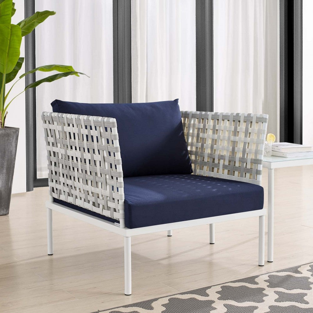 Harmony Sunbrella Basket Weave Outdoor Patio Aluminum Armchair, Taupe Navy