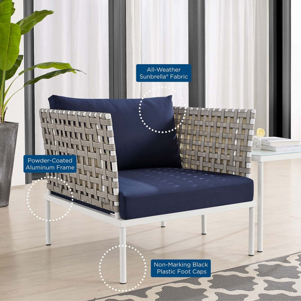 Harmony Sunbrella Basket Weave Outdoor Patio Aluminum Armchair, Tan Navy
