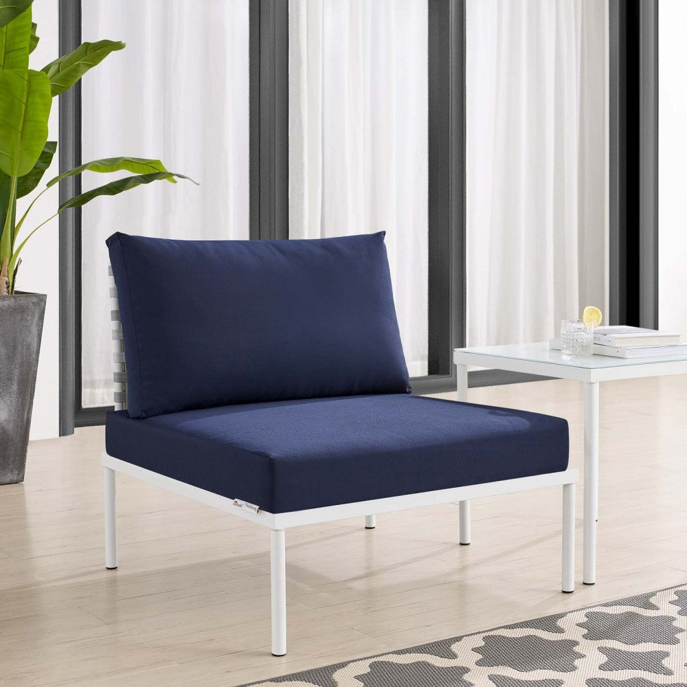 Harmony Sunbrella Basket Weave Outdoor Patio Aluminum Armless Chair, Taupe Navy