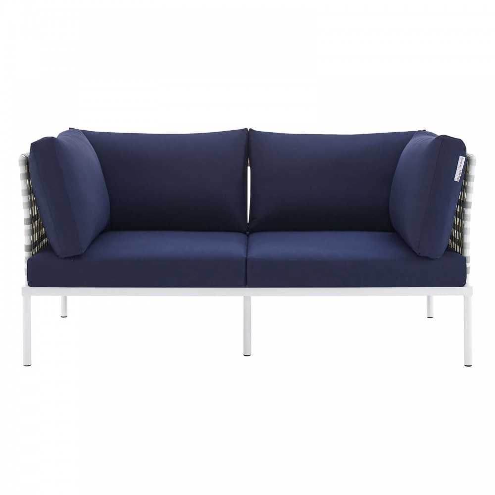 Harmony Sunbrella Basket Weave Outdoor Patio Aluminum Loveseat, Taupe Navy