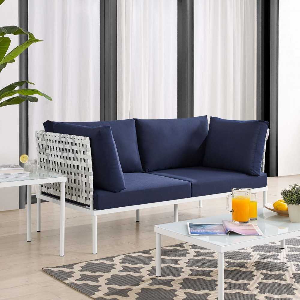 Harmony Sunbrella Basket Weave Outdoor Patio Aluminum Loveseat, Taupe Navy