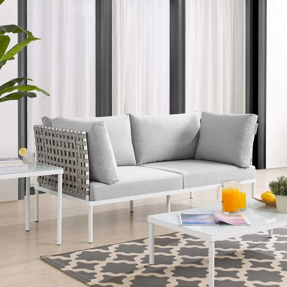 Harmony Sunbrella Basket Weave Outdoor Patio Aluminum Loveseat, Tan Gray