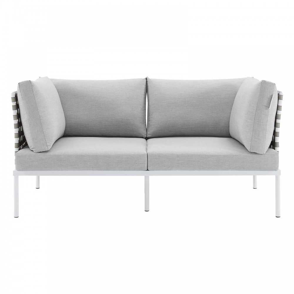 Harmony Sunbrella Basket Weave Outdoor Patio Aluminum Loveseat, Tan Gray