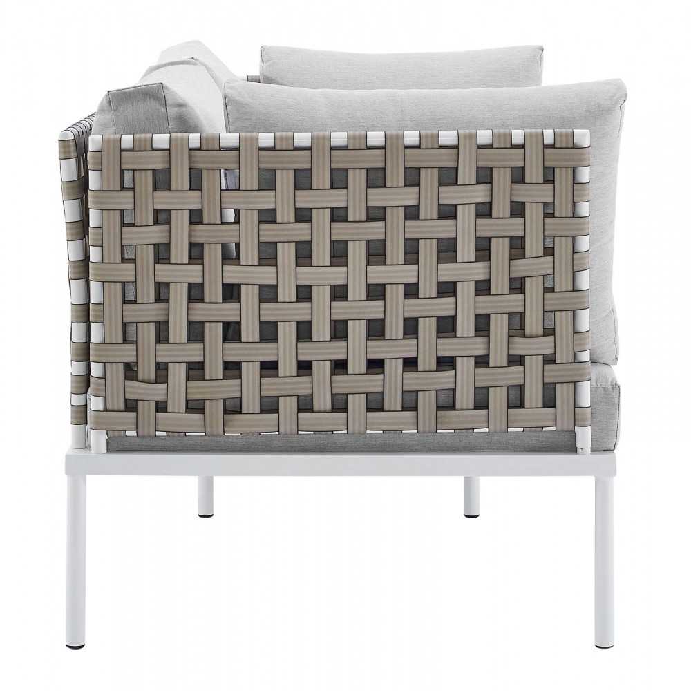 Harmony Sunbrella Basket Weave Outdoor Patio Aluminum Loveseat, Tan Gray