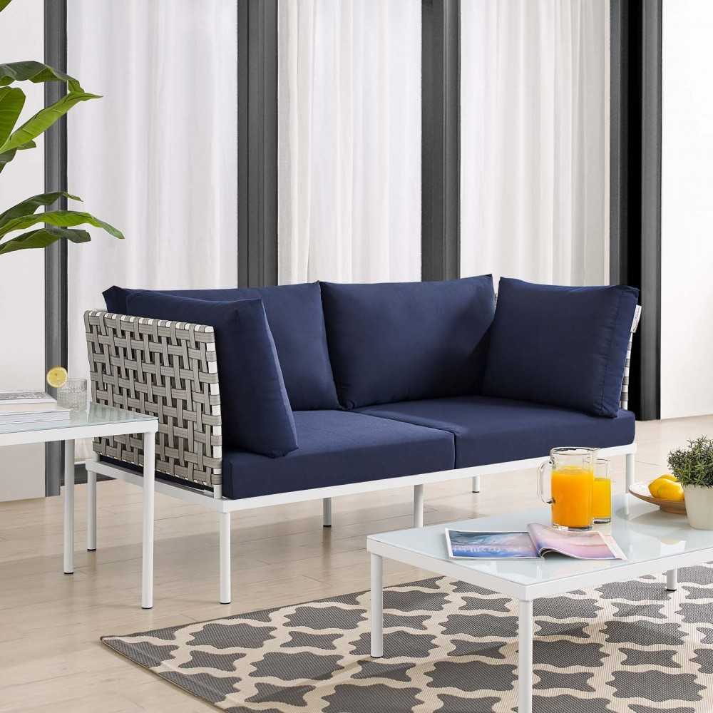 Harmony Sunbrella Basket Weave Outdoor Patio Aluminum Loveseat, Tan Navy