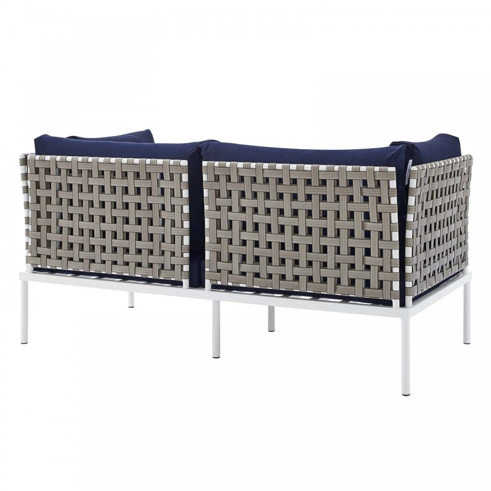 Harmony Sunbrella Basket Weave Outdoor Patio Aluminum Loveseat, Tan Navy